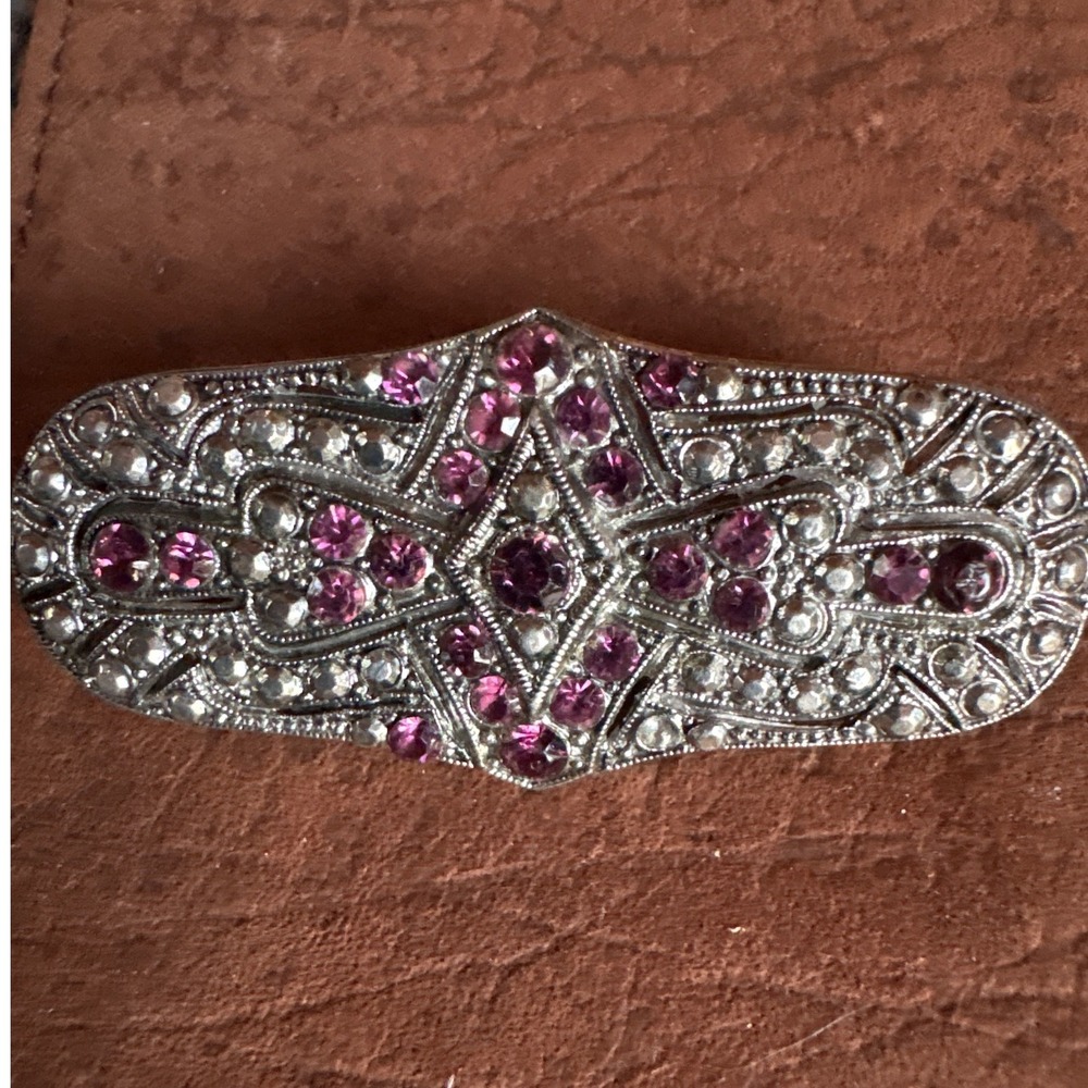 Vintage Art Deco Purple Rhinestone Marcasite Silver Tone Geometric Bar Brooch